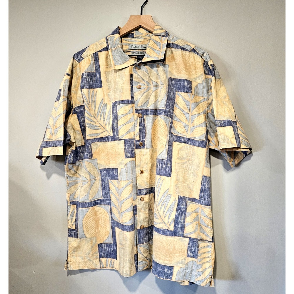 Batik Bay Men's XL Reverse Print Hawaiian Shirt Blue/Yellow/Beige Tropical Print